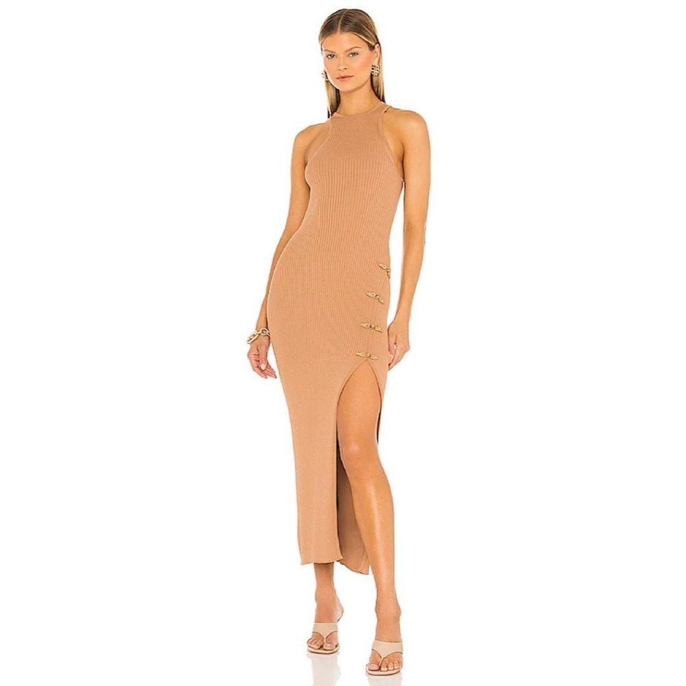 Ribbed Halter Midi Dress with Side Slit in Camel